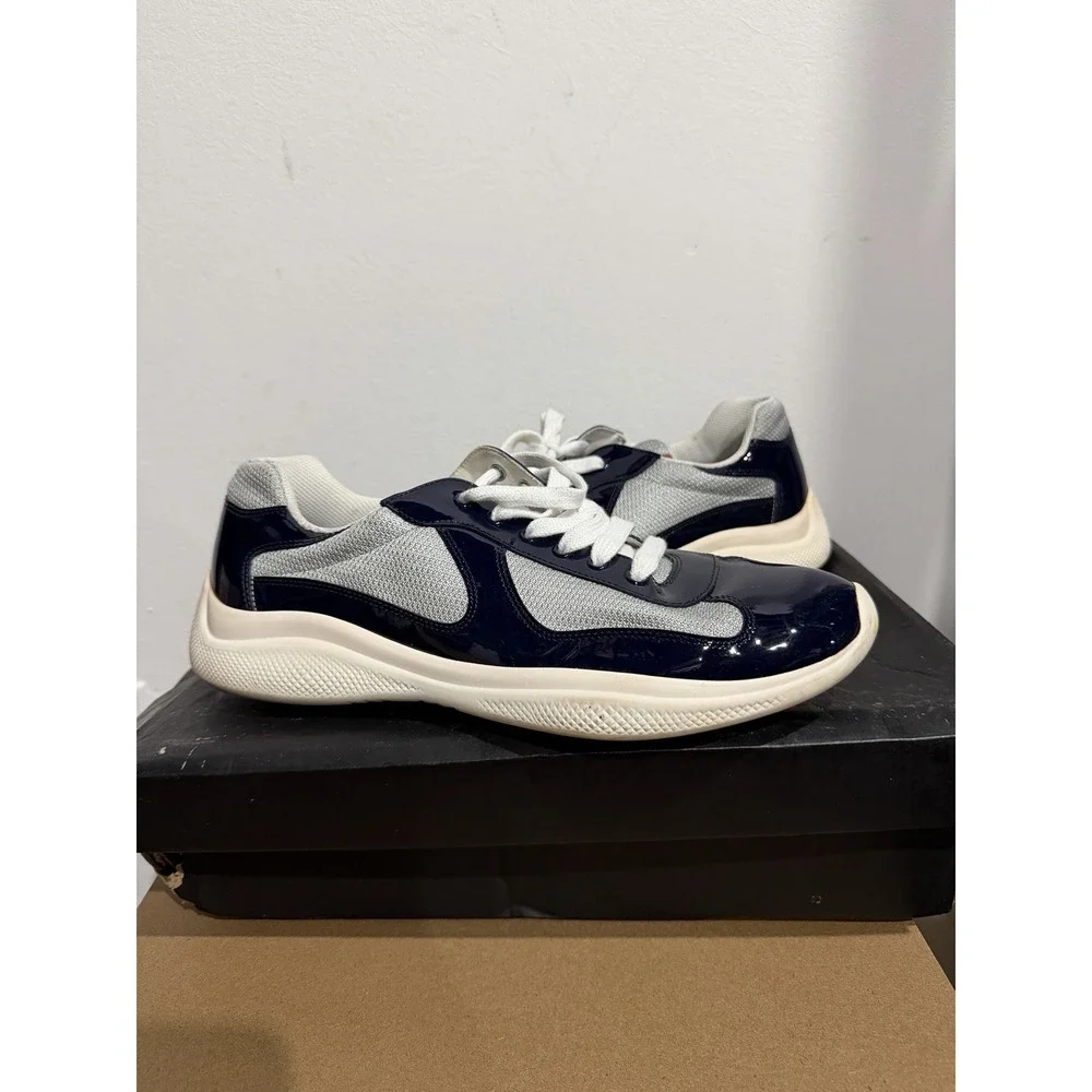 Prada Vernice Bike Patent Mesh Sneakers Navy/Silver Mens Size 11